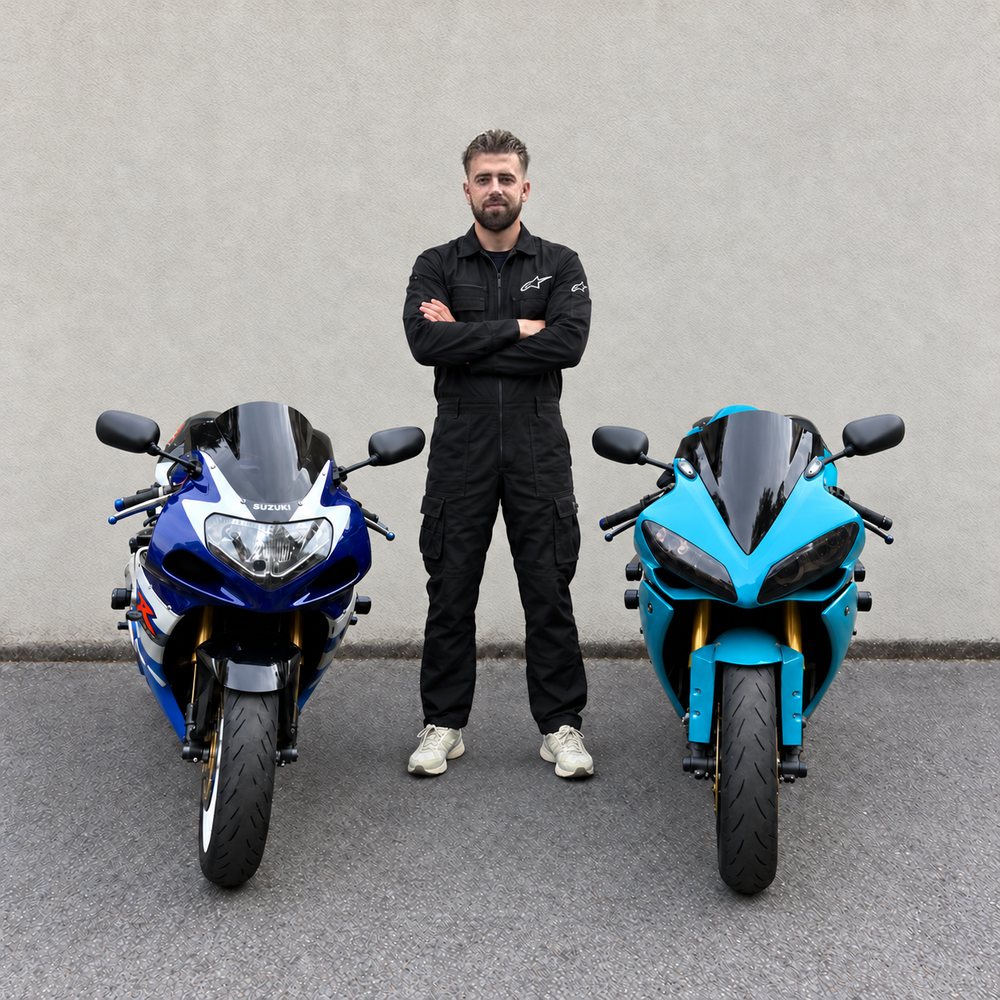 Ivan, mechanic at Two Wheel Servicing, standing between two sports bikes